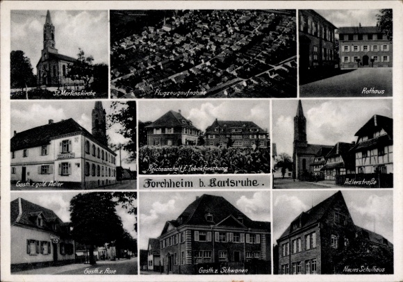 Postcard Forchheim Rheinstetten in Baden, aerial photograph, St. Martin's Church, Town Hall, Adlerstraße, School