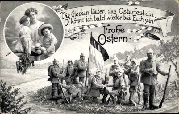 Ak Glückwunsch Ostern, Deutsche Soldaten in Uniformen, Weidenkätzchen, Familie, Ostereier
