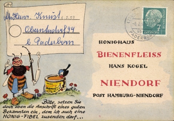 Postcard Hamburg Niendorf, advertising, Hans-Kogel-Honighaus bee diligence, bee, honey pot