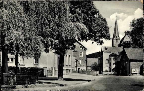 Postcard Burbach im Siegerland, fountain, trees, church