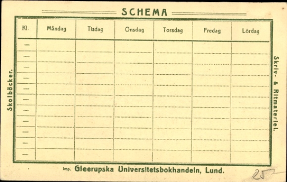Timetable PC Gleerupska University Bookshop Lund / Sweden around 1930