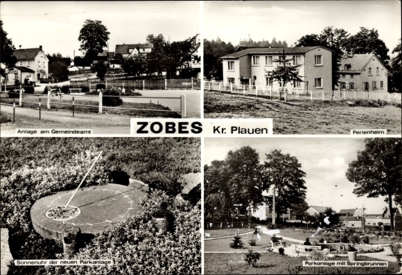 Ak Zobes Neuensalz im Vogtland, voorziening bij het stadskantoor, zonnewijzer, park met fontein