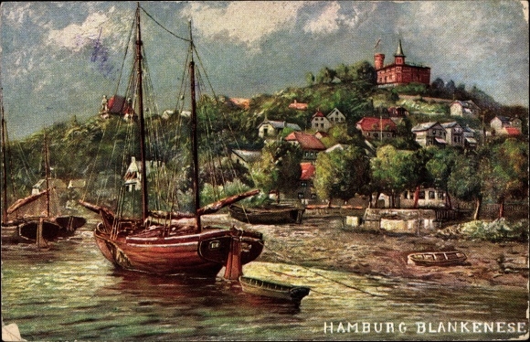 Kunstenaarskaart Hamburg Altona Blankenese, kavel in de haven