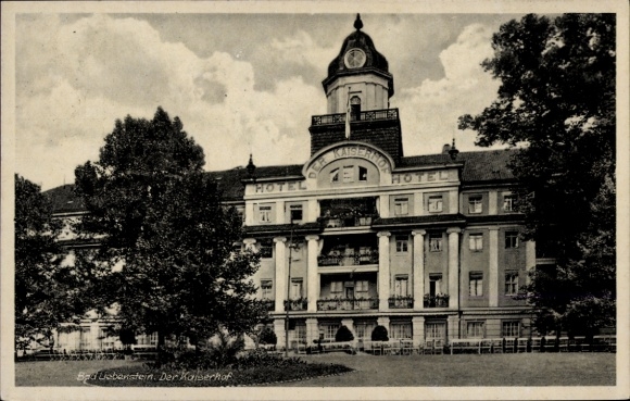Postcard Bad Liebenstein in the Thuringian Forest, Hotel Kaiserhof, architecture, trees in the foreground