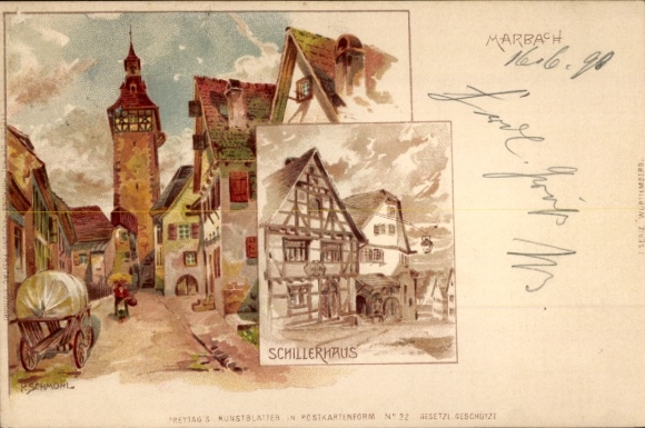 Artist Chromo-Litho Schmohl, P., Marbach in Baden Württemberg, Street, Schillerhaus