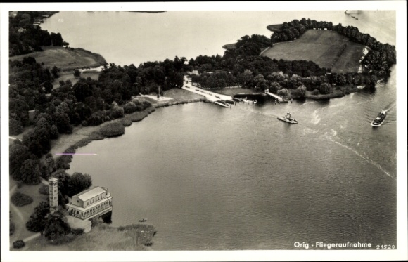 Postcard Potsdam, Sacrow, aerial photograph, Havel, Heilandskrche