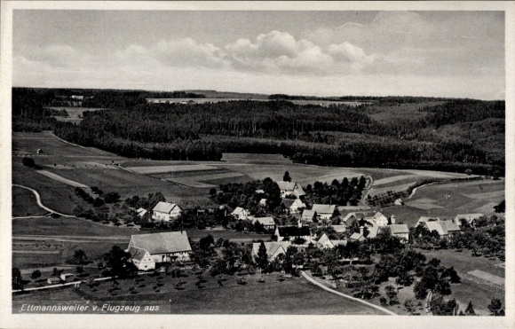Postcard Ettmannsweiler Simmersfeld in the Black Forest, aerial view of rural surroundings, clouds