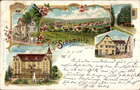 Chromo-Litho Schömberg in the Black Forest Württemberg, New Kurhaus, Gasthaus zum Löwen