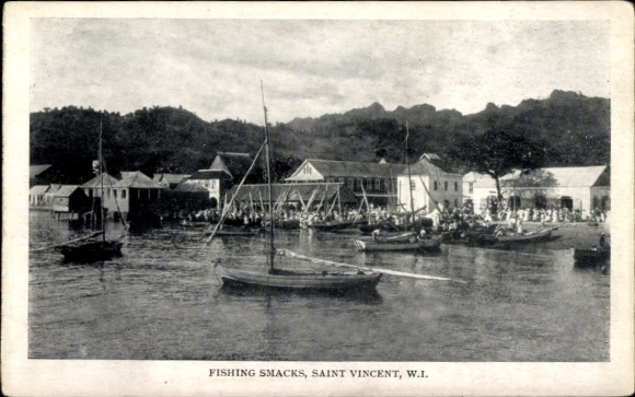 Picture of Saint Vincent and the Grenadines, Caribbean, harbor with fishing boats, water, buildings on the shore, M...