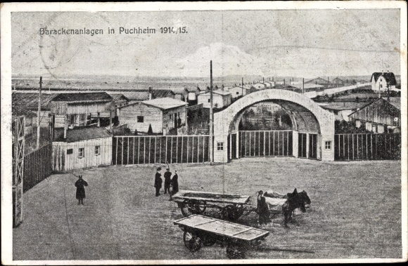 Ansichtkaart Puchheim in het district Fürstenfeldbruck in Opper-Beieren, ingang van het kazernekamp, wagen