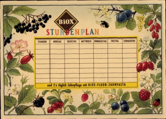 Timetable BIOX fluoride toothpaste. Dental care, wild berries, rose hips, raspberries around 1950