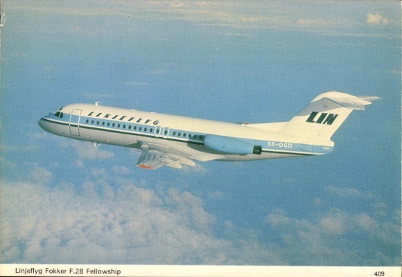 Postcard passenger aircraft Linjeflyg LIN, Fokker F.28 Fellowship SE-DGD