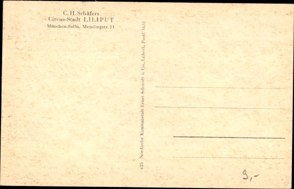 Postcard CH Schäfers Circus Stadt Liliput, Munich Solln, Memlingstrasse 11, pony, group picture