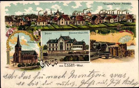 Chromo-Litho Essen in the Ruhr area, Altendorf Essen Süd station, Alfredshof colony, church, cannon