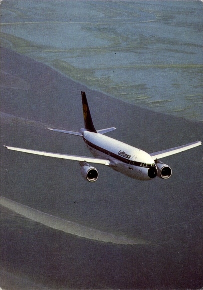 Postcard Deutsche Lufthansa, passenger plane flying over the sea
