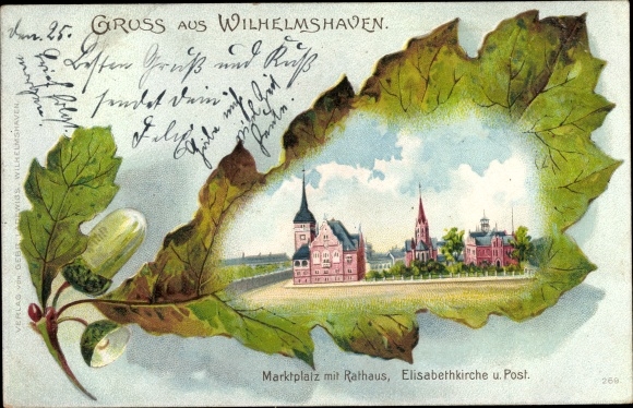 Oak leaf litho Wilhelmshaven in Lower Saxony, market square with town hall, Elisabeth Church, post office