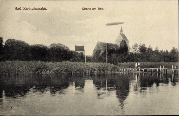 Postcard Bad Zwischenahn in Oldenburg, church on the lake, Zeppelin