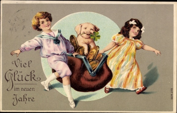 Embossed Postcard Happy New Year, boy and girl carry wallet with pig and coins