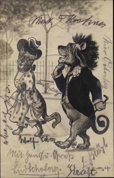 Postcard Anthropomorphized animals, lion man, leopard lady