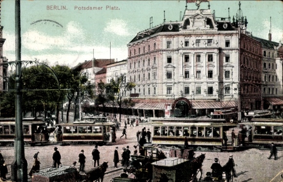 Postcard Berlin Tiergarten, Potsdamer Platz, trams