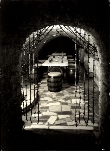 Postcard Ebersdorf in Thuringia, cellar room with tables and barrels, vaulted ceiling, rustic ambience