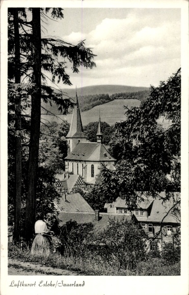 Postcard Eslohe in Sauerland, partial view, church