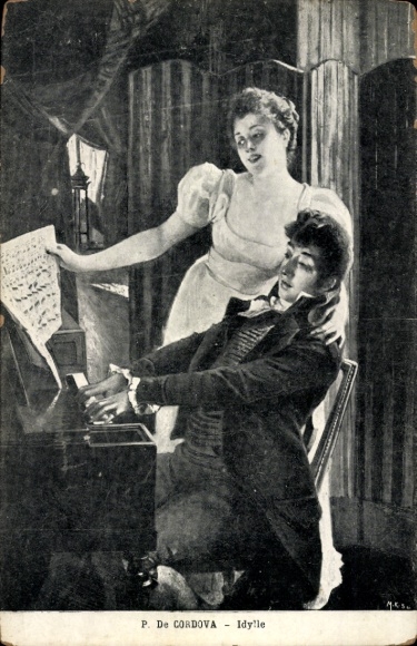 Artist Postcard Cordova, P. De, Woman and man at the piano