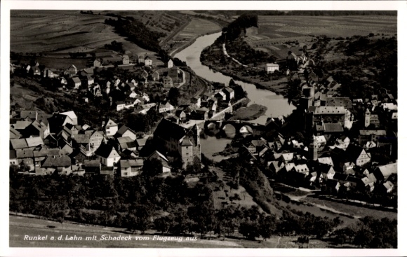 Postcard Runkel an der Lahn, aerial view of Runkel, Lahn, with Schadeck, river, houses