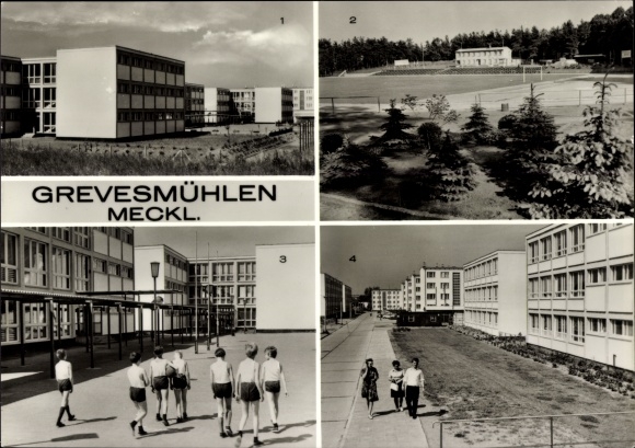 Postcard Grevesmühlen in Mecklenburg, Polytechnic High School Am Ploggensee, sports field, new buildings