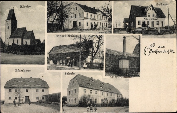 Postcard Seifersdorf Waldhufen Oberlausitz, church, dairy, Eduardmühle, vicarage, inn Stadt Löbau