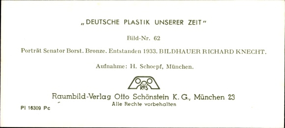 Stereo spatial image photo &quot;German sculpture of our time&quot; No. 62 portrait of Senator Borst, bronze