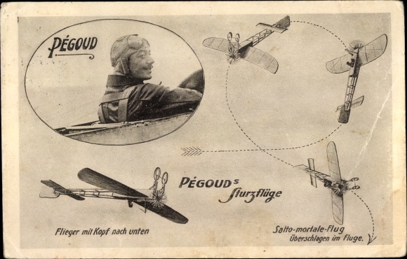 Postcard Aviation, Pegoud&#39;s dives, Salto mortale, portrait of the pilot