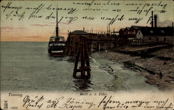 Ak Tönning aan de Eider Noord-Friesland, havenzicht, scheepswerf, stoomboot, houten pier, avondsfeer, Sch