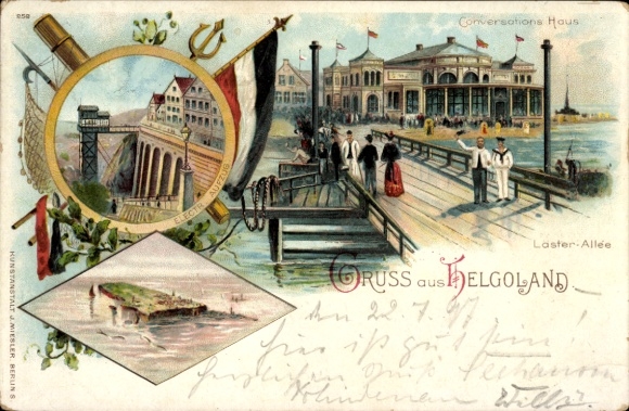 Chromo-Litho North Sea island Heligoland, Alley of Gossip, Conversation House, Elevator