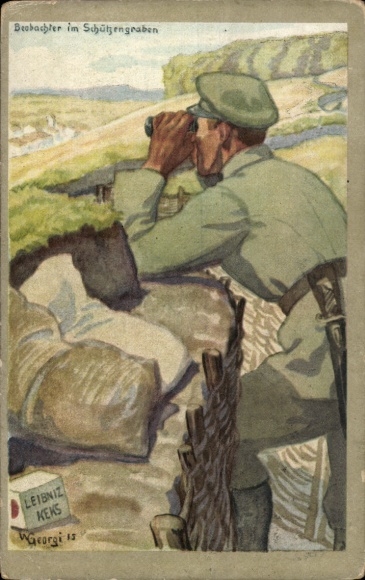 Artist Postcard Georgi, W., Observer in the trench, advertising, Leibniz biscuit