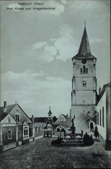 Ak Haßloch Pfalz, beschermde kerk, oorlogsmonument