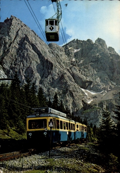 Postcard Garmisch Partenkirchen in Upper Bavaria, meeting point of the two Bavarian Zugspitze cable cars, Zugspitze
