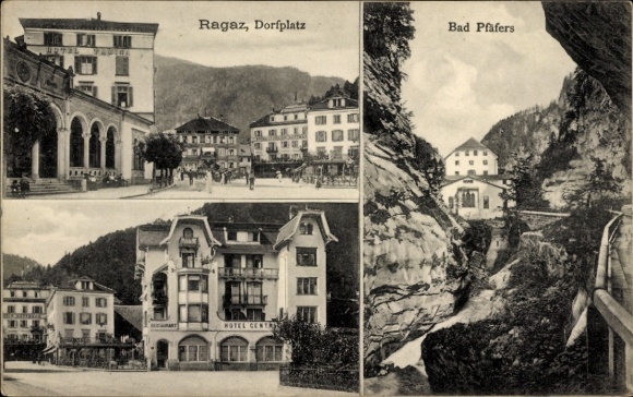 KP Pfäfers Kanton St. Gallen, plac wiejski Ragaz, Bad Pfäfers, Hotel Central, malowniczy widok