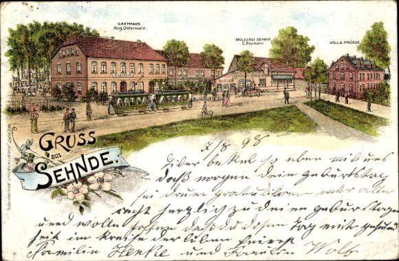 Chromo-Litho Sehnde in Lower Saxony, inn, villa, dairy, tram