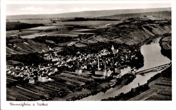 Postcard Gemmrigheim am Neckar, city panorama from above, river section, aerial photograph