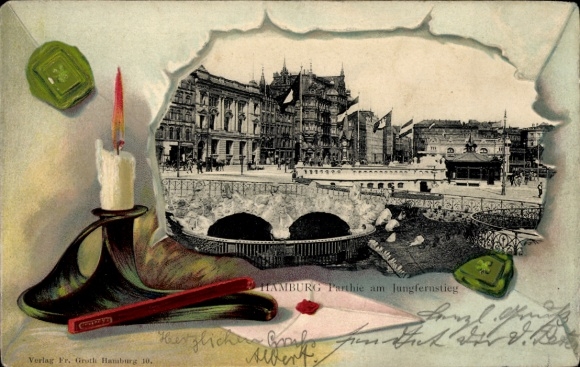 Embossed Passepartout Postcard Hamburg Mitte Neustadt, Am Jungfernstieg