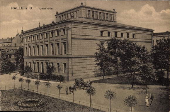 Postcard Halle an der Saale, University of Halle, buildings, trees, people, car