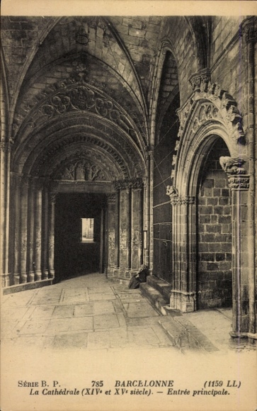Ak Barcelona Katalonien Spanien, Kathedrale, Eingang, gotische Architektur,  Stile, schwarz-weiß
