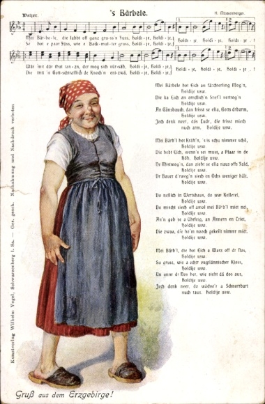 Song Postcard Mückenberger, Hilmar, 's Bärbele, Erzgebirge dialect, costume, Wilhelm Vogel