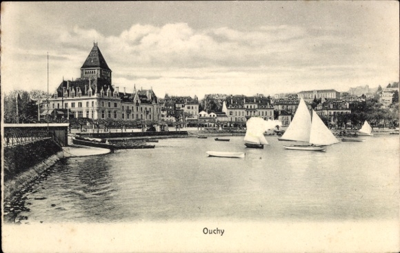 KP Ouchy Lozanna, kanton Vaud, widok na port, żaglówki, budynki w tle