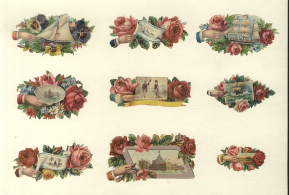 9 wafer hands with flower bouquets and pictures of sailing boats and landscapes, 5 x 9 and 2.5 x 5 cm