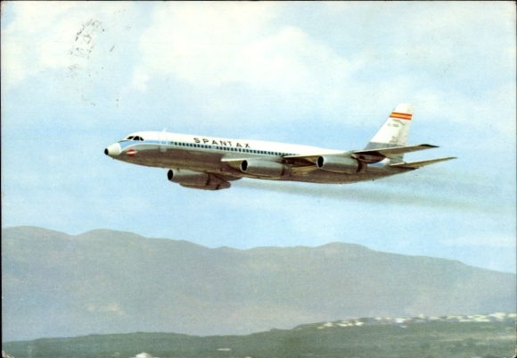 Postcard Spanish passenger aircraft of Spantax, Convair CV 990 A Coronado