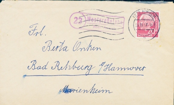 Landpoststempel (23) Westgroßefehn Großefehn Ostfriesland über Aurich auf Brief, 23.11.1957