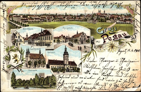 Chromo-Litho Pegau in Saxony, Königsplatz, town hall, town church, promenade, view of the town