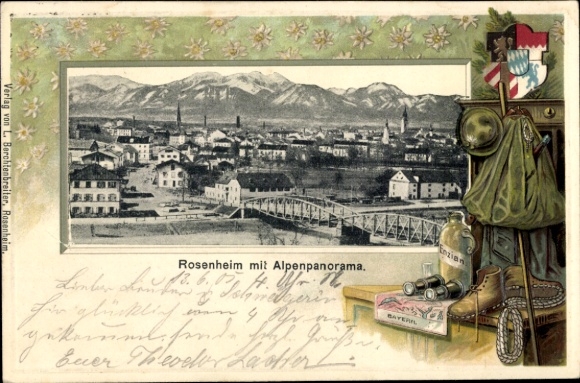 Passepartout Postcard Rosenheim Upper Bavaria, general view with Alpine panorama, hiking equipment